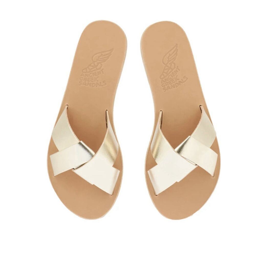 Ancient Greek Sandals‎ Whitney Leather Slides 39 Platinum Gold Resort Beach Boho